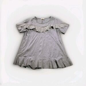 Easel Shirt Womens Medium Gray Striped Ruffle Hem Short Sleeve Tunic Top